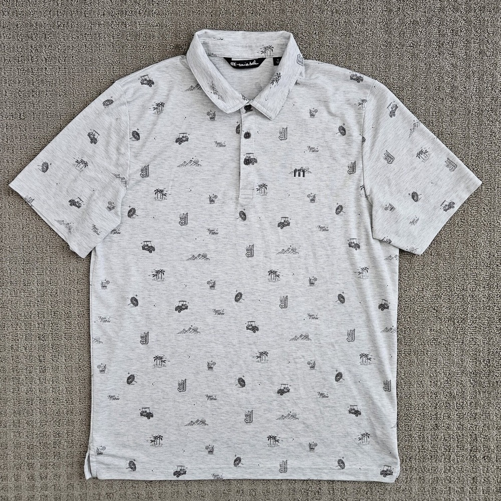Travis Mathew Men's XL Gray Polo Shirt Tropical Beer Golf Cart Print Pima Cotton